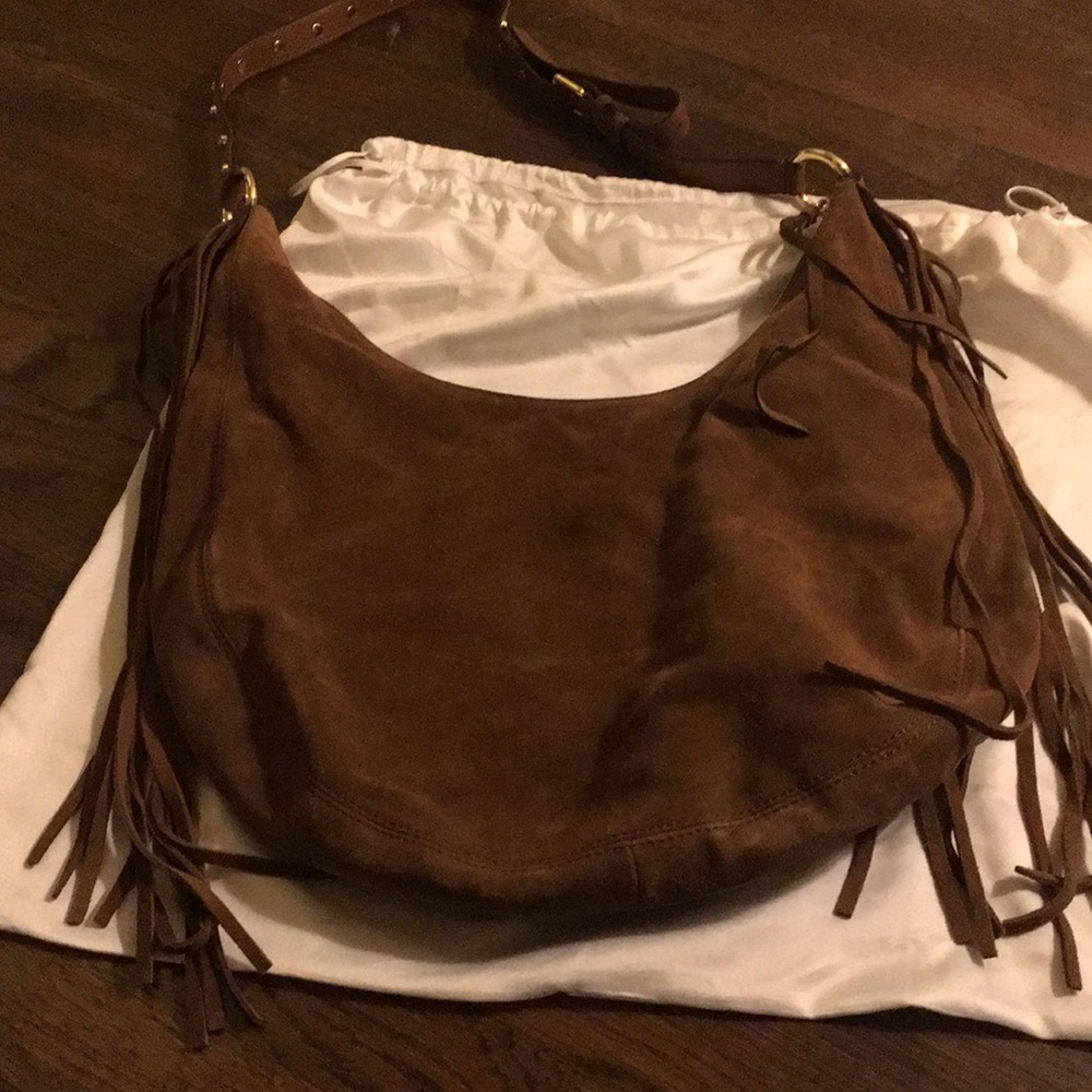 Michael Kors tan suede hobo purse with gold accent